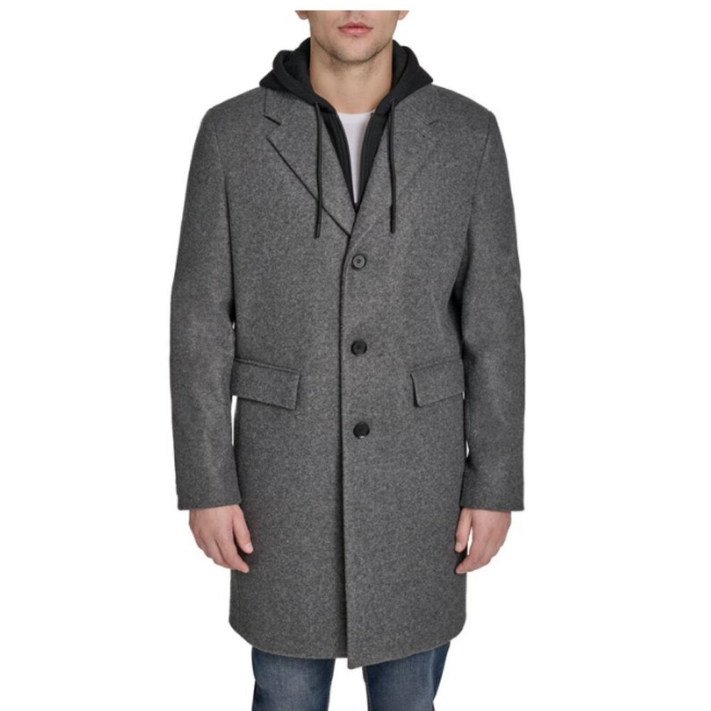 DKNY Men’s Gray Coat Large Removable Black Hoodie NWT
